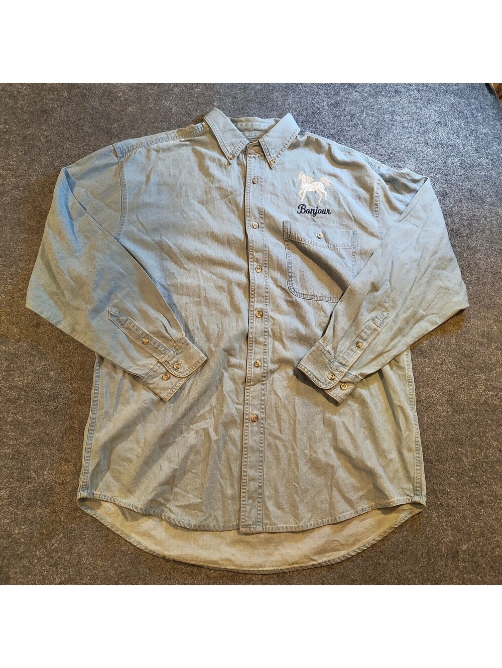 Wrangler Vintage Light Wash Denim Long Sleeve Shirt Embroidered Horse Bonjour